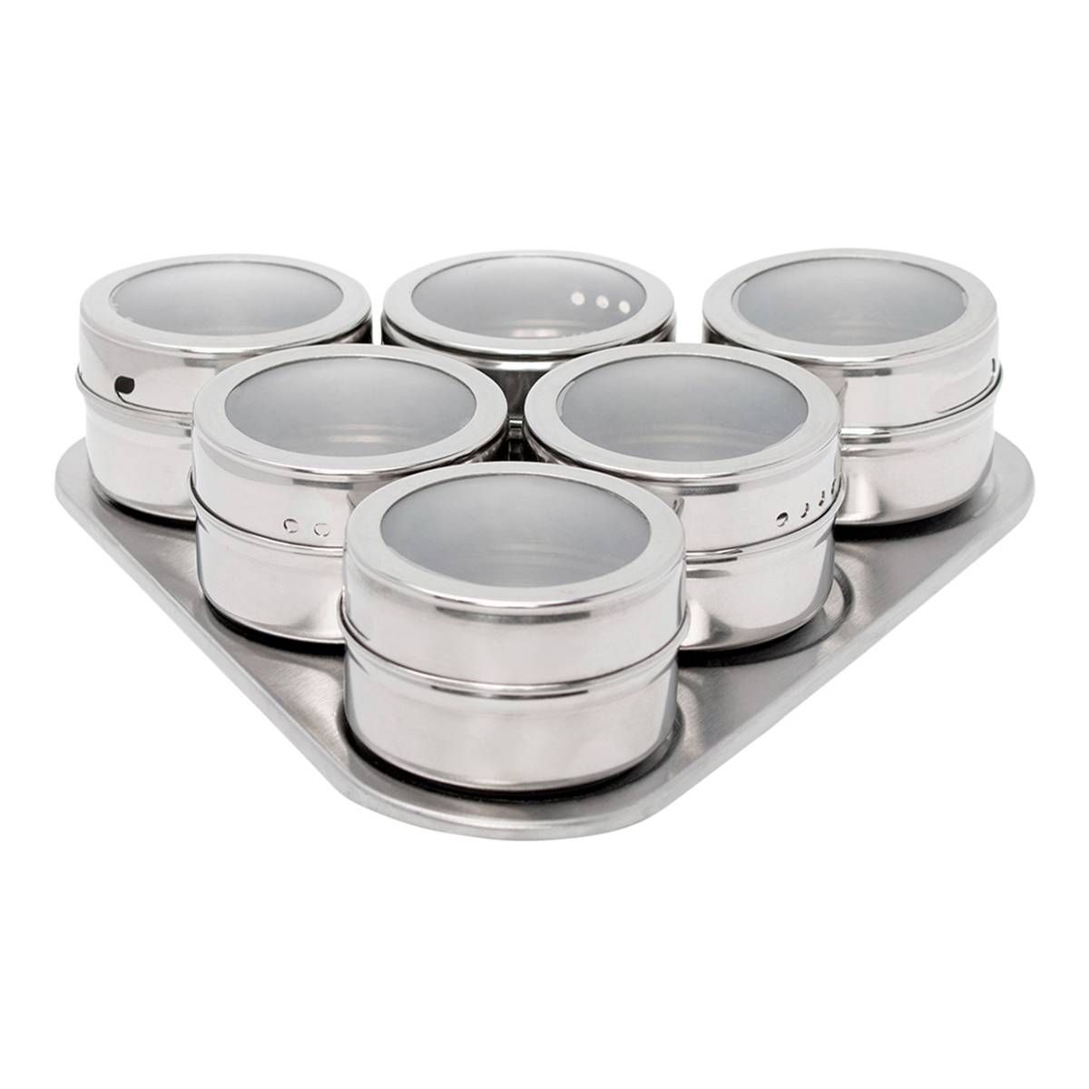 JOGO 6 PORTA CONDIMENTOS INOX COM SUPORTE TRIANGULAR PRATA MIMO STYLE