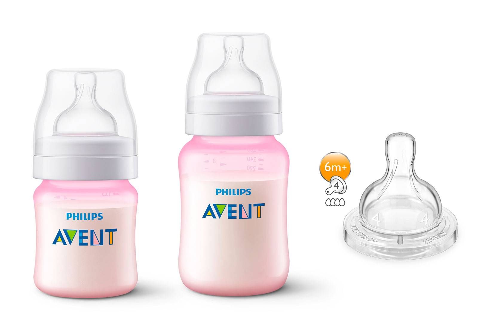 KIT 2 MAMADEIRAS CLÁSSICA ANTICÓLICA 125\/260ml ROSA + 1 BICO Nº 4 - PHILIPS AVENT