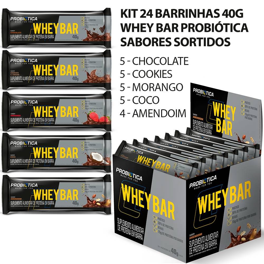 BARRA PROTEINA WHEY BAR 24UN 40G SABORES SORTIDOS PROBIOTICA