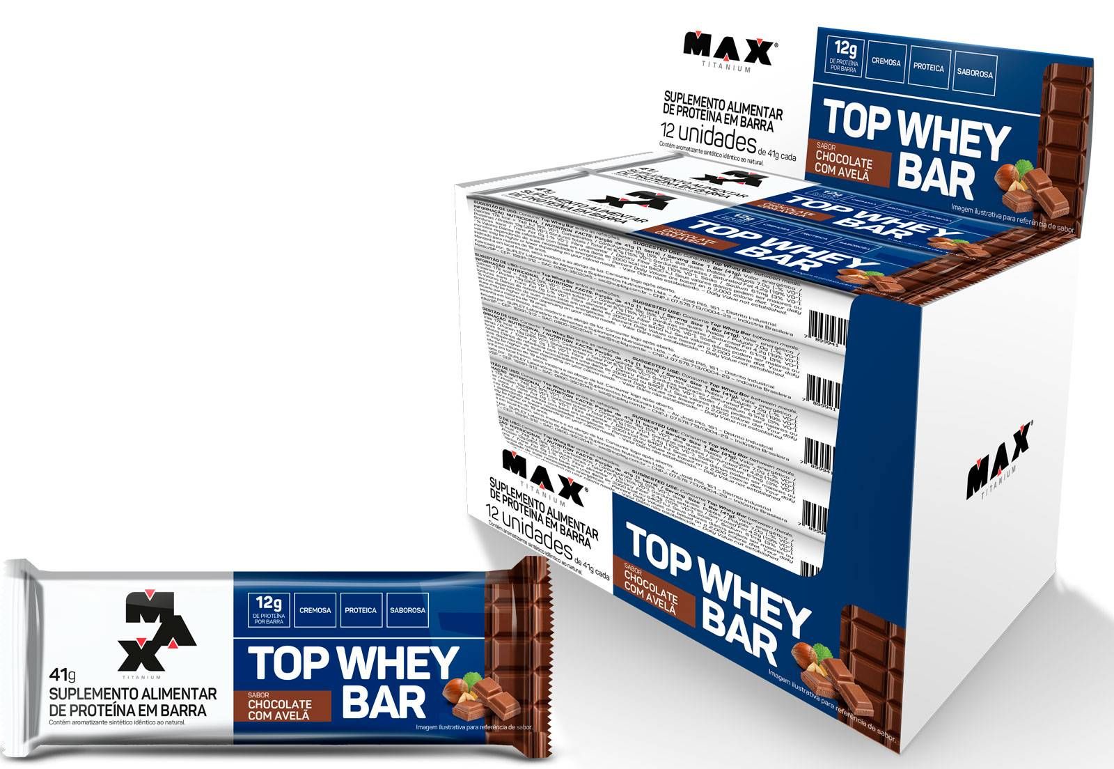 TOP WHEY BAR BARRA PROTEINA CHOCOLATE C/ AVELÃ 41g MAX 12UN