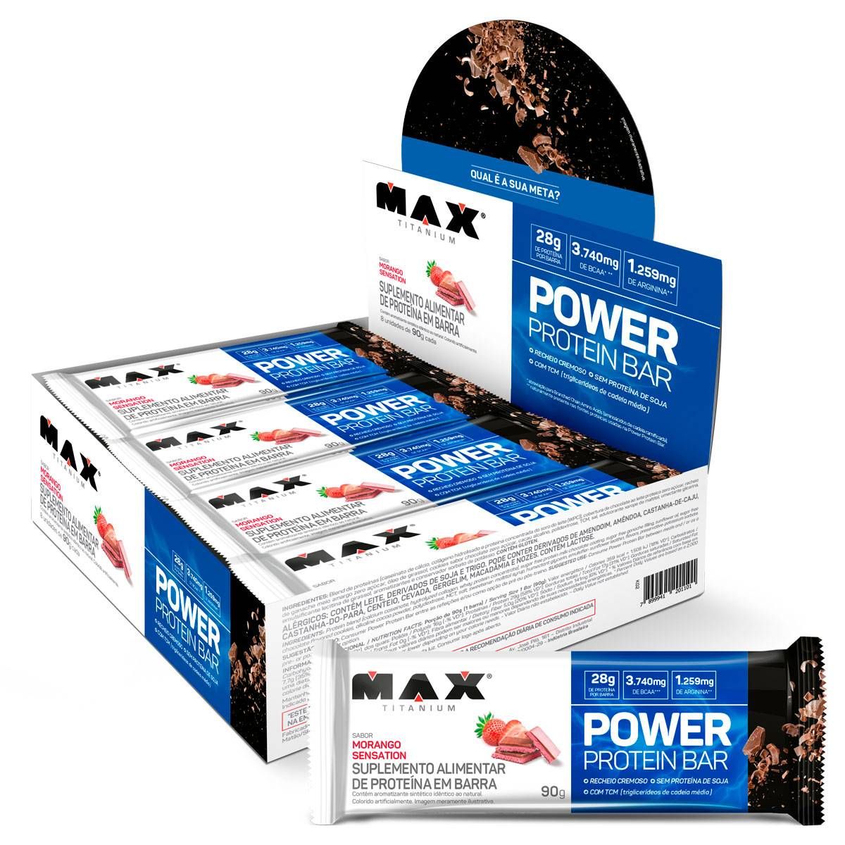 POWER PROTEIN BAR BARRA DE PROTEINA CAIXA COM 8 UN DE 90G MORANGO SENSAÇAO MAX TITANIUM
