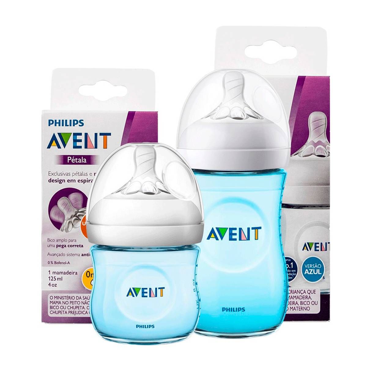 KIT 2 MAMADEIRAS AVENT PÉTALA ANTI-CÓLICA 125ml e 260ml - 0% BPA -AZUL- PHILIPS AVENT