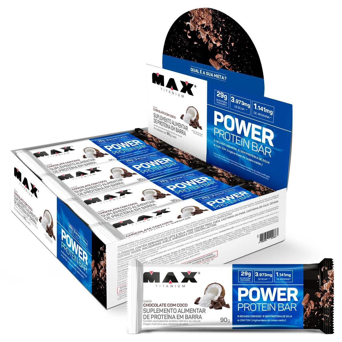 POWER PROTEIN BAR BARRA DE PROTEINA CAIXA COM 8 UN DE 90G CHOCOLATE COM COCO MAX TITANIUM