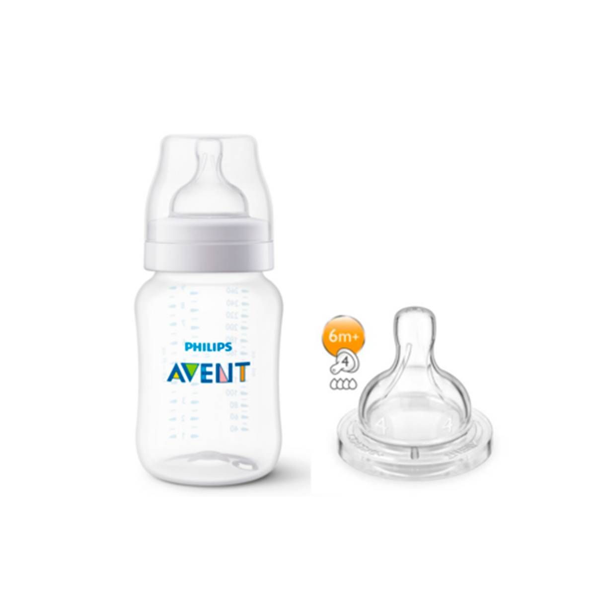 KIT 1 MAMADEIRA CLASSICA ANTICOLICA 260ml TRANSP + 1 BICO Nº 4 - PHILIPS AVENT
