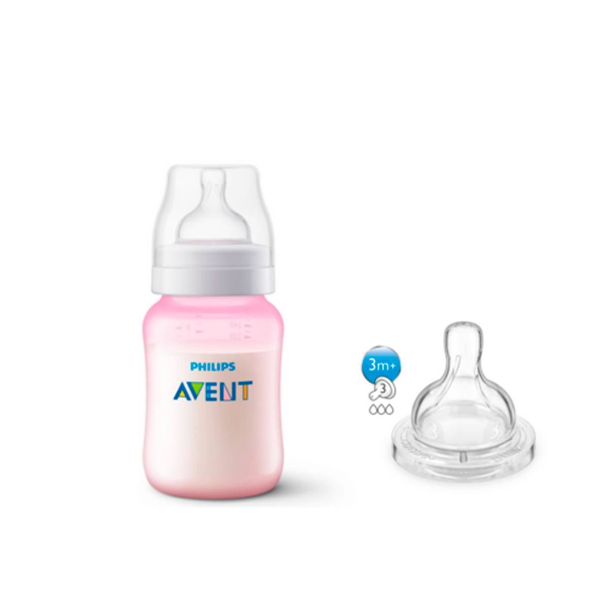 KIT 1 MAMADEIRA CLASSICA ANTICOLICA 260ml ROSA + 1 BICO Nº 3 - PHILIPS AVENT