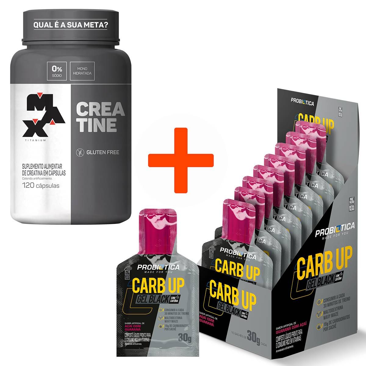 CREATINA MAX TITANIUM 120 CAPS + CARB UP BLACK CX 10 SACHES PROBIOTICA