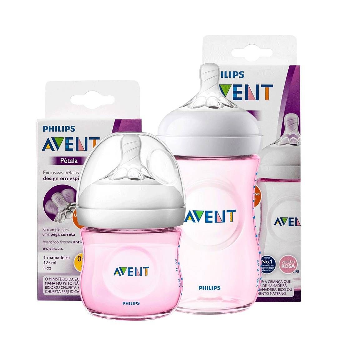 KIT 2 MAMADEIRAS AVENT PÉTALA ANTI-CÓLICA 125ml e 260ml - 0% BPA - ROSA - PHILIPS AVENT