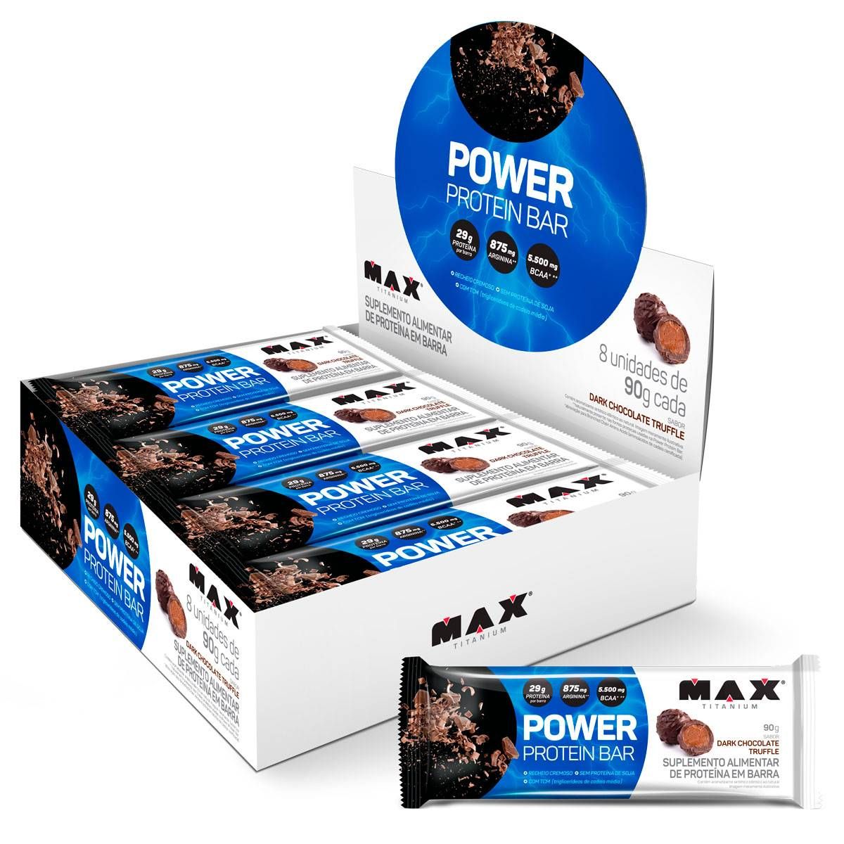 POWER PROTEIN BAR BARRA DE PROTEINA CAIXA COM 8 UN DE 90G DARK CHOCOLATE TRUFFLE MAX TITANIUM