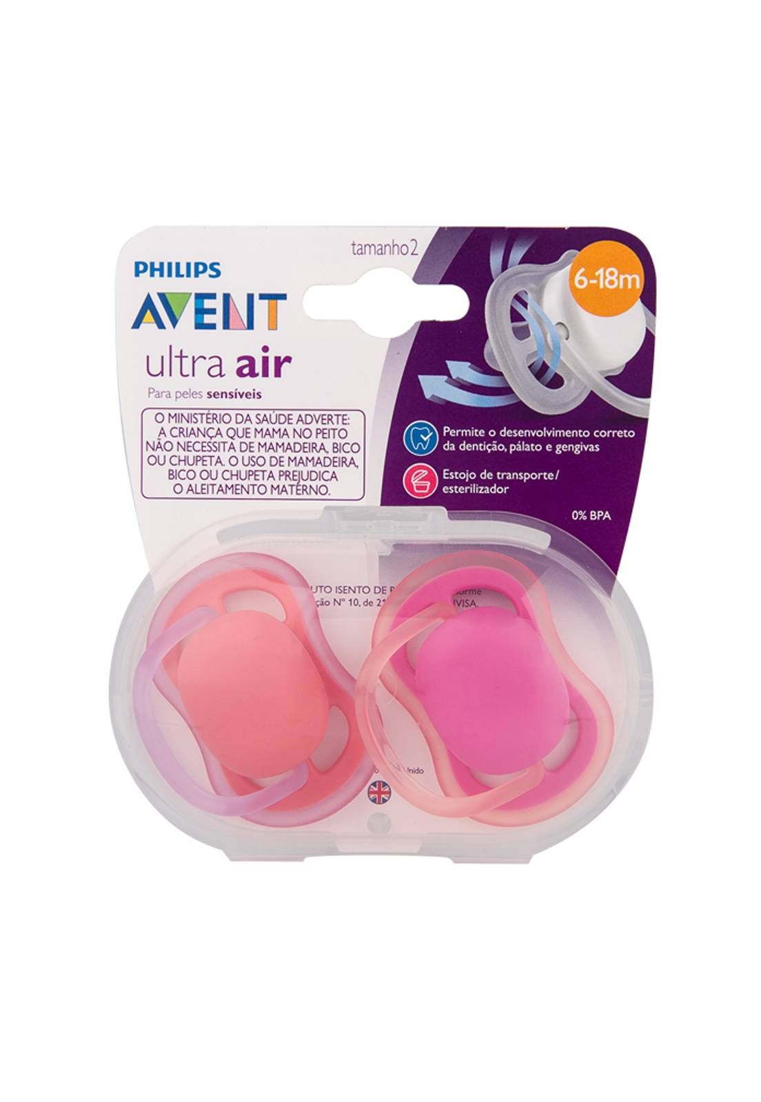 KIT 2 CHUPETAS AVENT ULTRA AIR 0% BPA + ESTOJO - 6-18 MESES - ROSA - PHILIPS AVENT