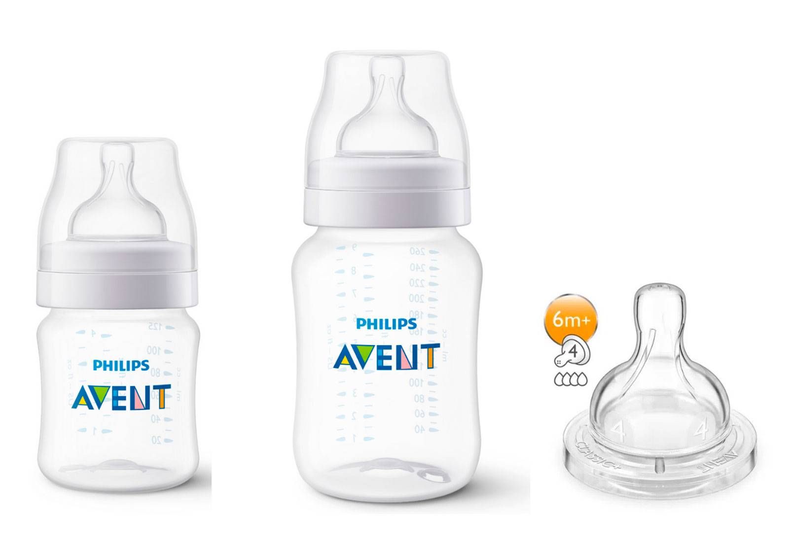 KIT 2 MAMADEIRAS CLASSICA ANTICOLICA 125\/260ml TRANSP.+ 1 BICO Nº 4 - PHILIPS AVENT