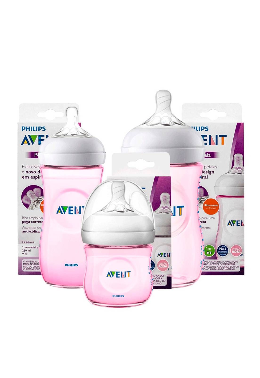 KIT 3 MAMADEIRAS AVENT PÉTALA ANTI-CÓLICA 125ml 260ml e 330ml - 0% BPA - ROSA - PHILIPS AVENT