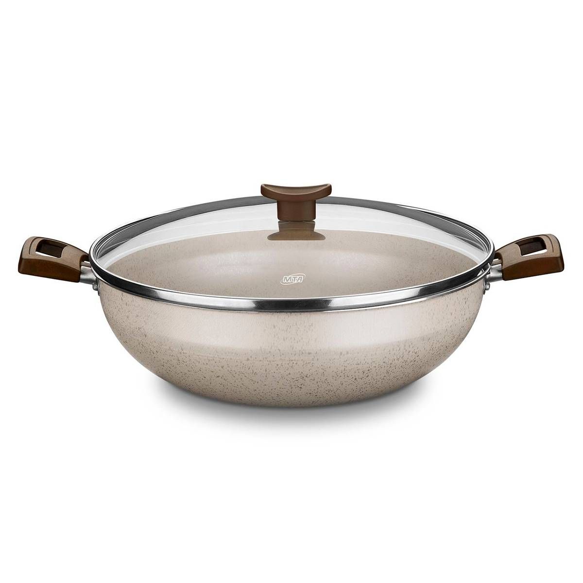 WOK AURA MTA COM TAMPA DE VIDRO BAUNILHA 28CM 4,3 LITROS DUAS ALCAS