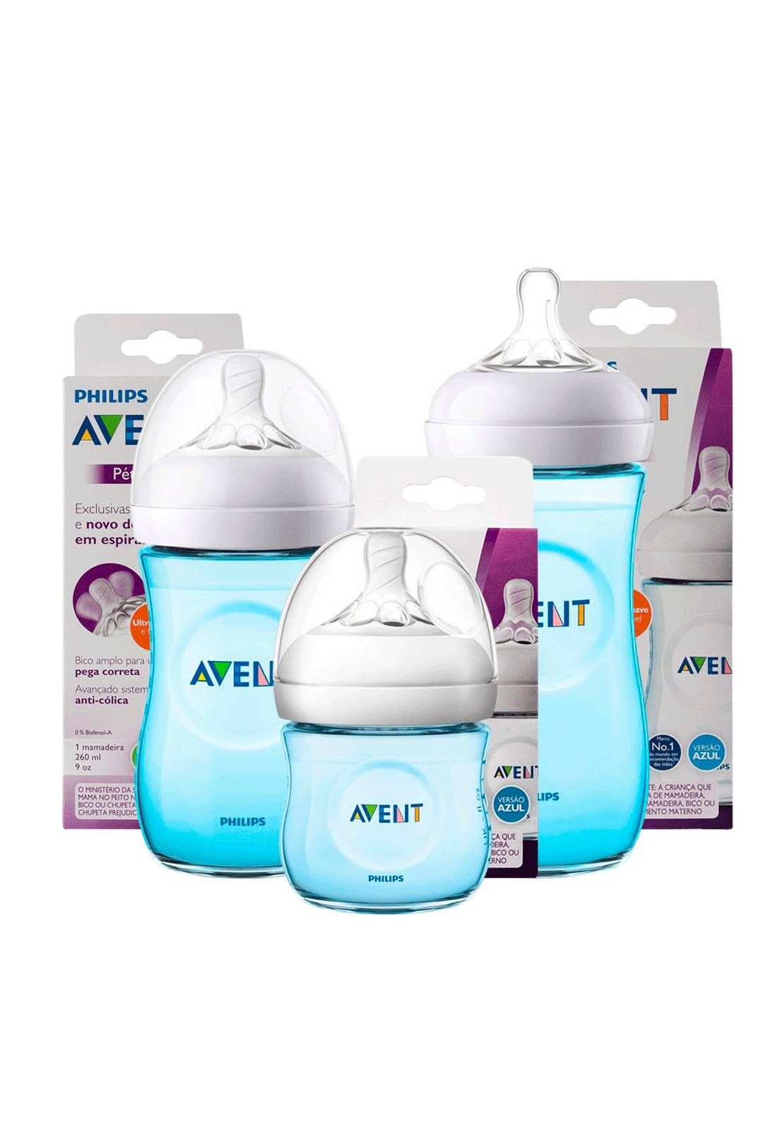 KIT 3 MAMADEIRAS AVENT PÉTALA ANTI-CÓLICA 125ml 260ml e 330ml - 0% BPA - AZUL - PHILIPS AVENT