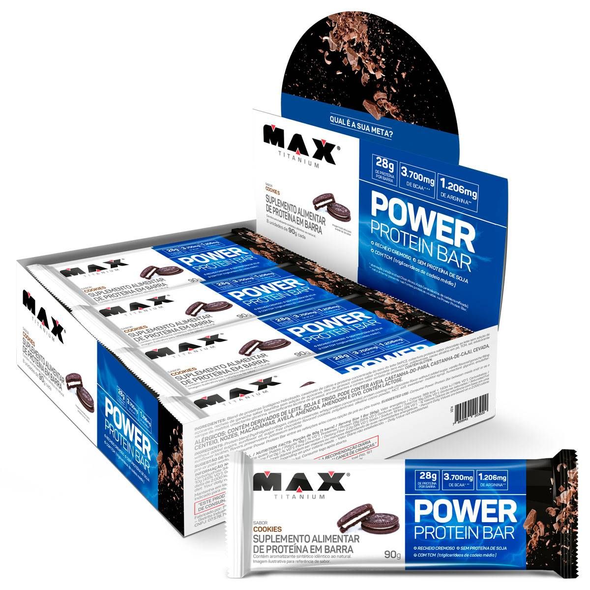 POWER PROTEIN BAR BARRA DE PROTEINA CAIXA COM 8 UN DE 90G COOKIES MAX TITANIUM