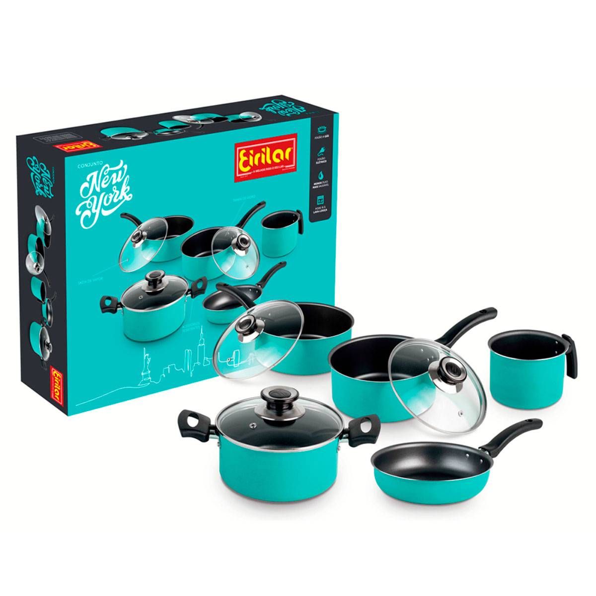 CONJUNTO PANELA ANTIADERENTE JOGO KIT 5 PÇS C\/ TAMPA EIRILAR