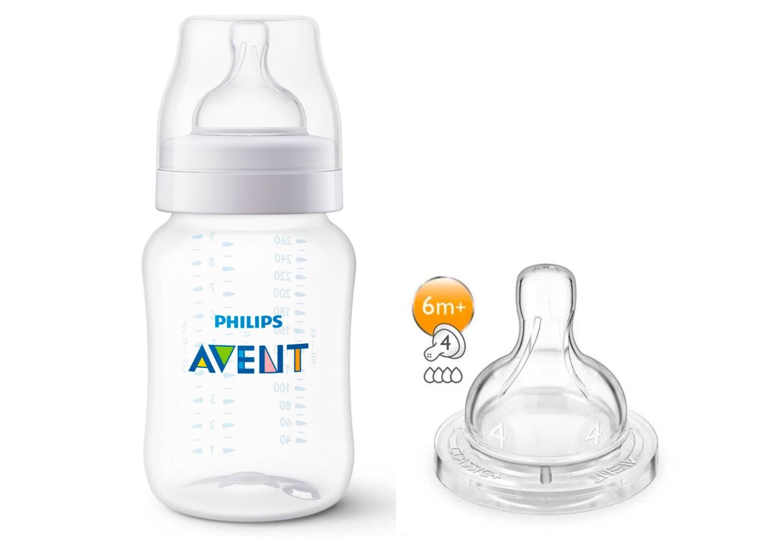 KIT 1 MAMADEIRA CLASSICA ANTICOLICA 260ml TRANSP + 1 BICO Nº 4 - PHILIPS AVENT