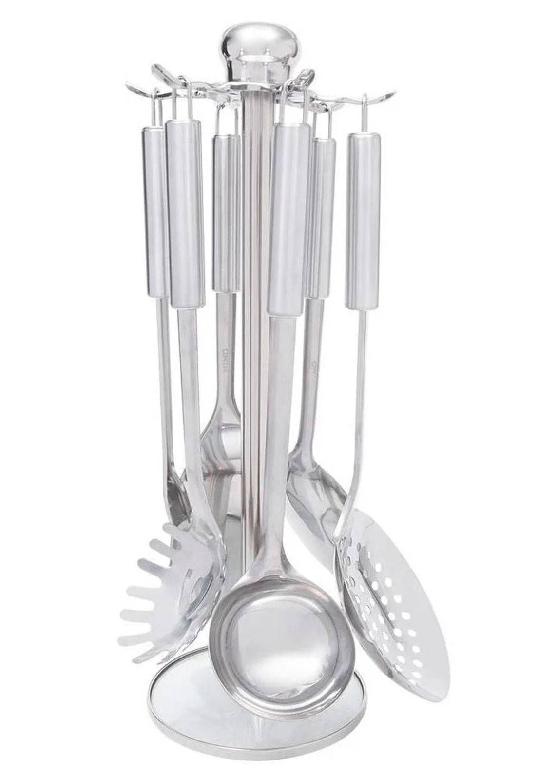 KIT DE UTENSILIOS DE COZINHA INOX 7 PÇS + SUPORTE GIRATORIO