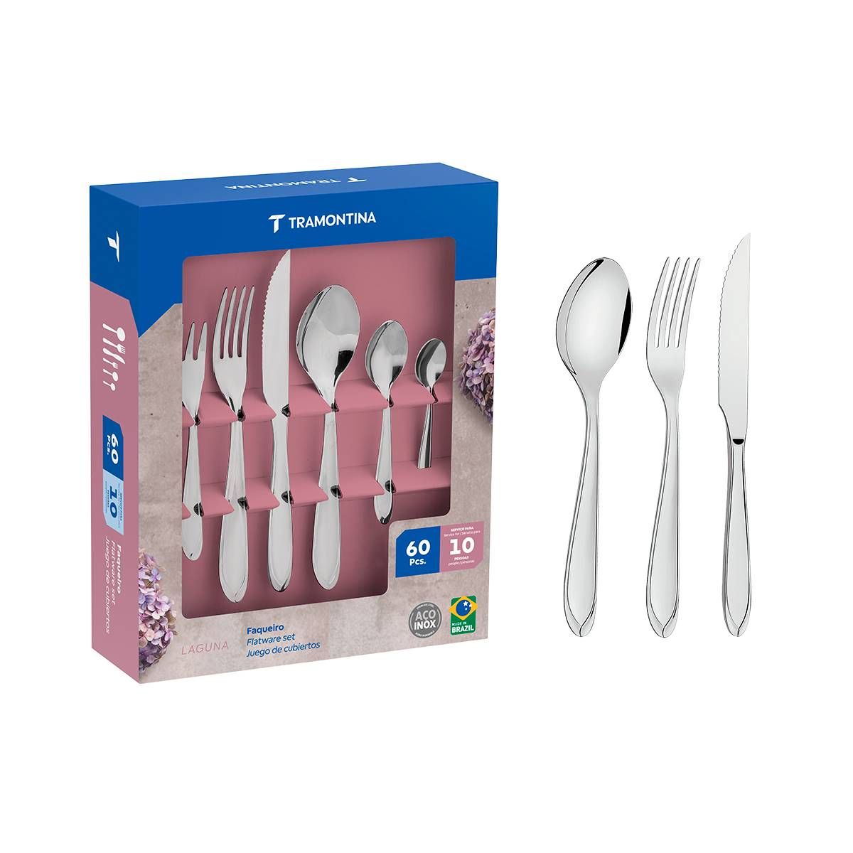 FAQUEIRO TRAMONTINA LAGUNA COM FACAS PARA CHURRASCO EM AÇO INOX 60 PEÇAS