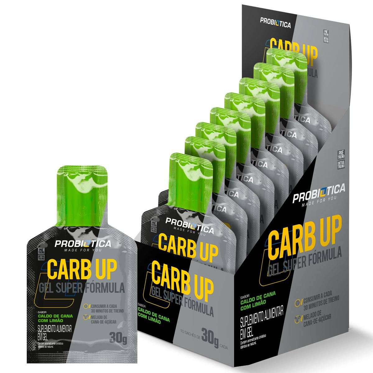 CARB UP GEL SUPER FORMULA DISPLAY 10 SACHES CALDO DE CANA COM LIMAO PROBIOTICA