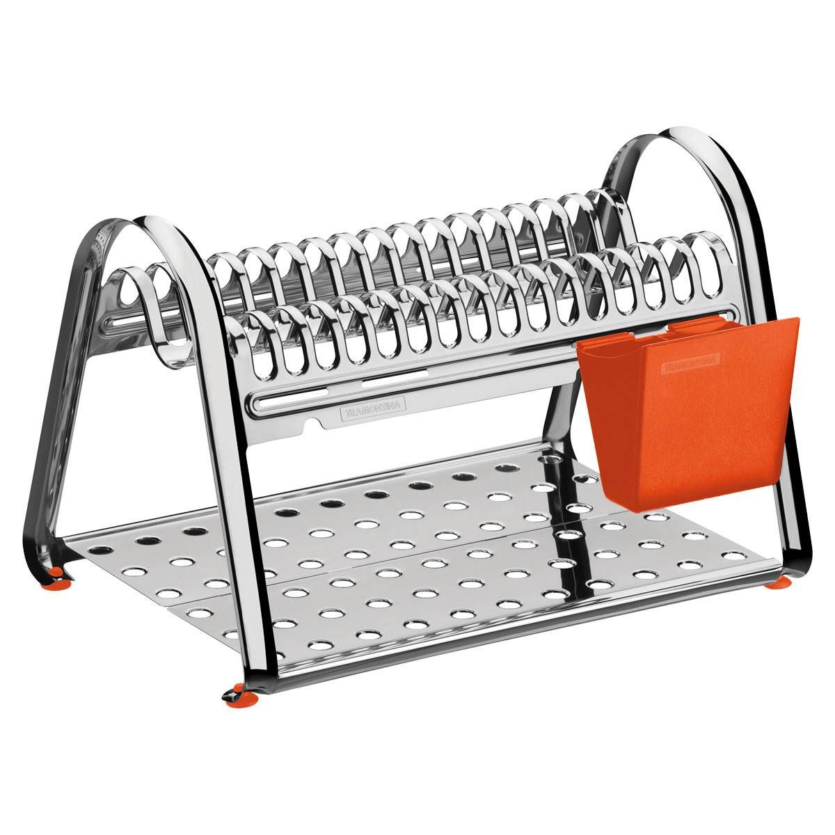 ESCORREDOR DE LOUÇA TRAMONTINA CICLO EM AÇO INOX COM PORTA TALHERES LARANJA