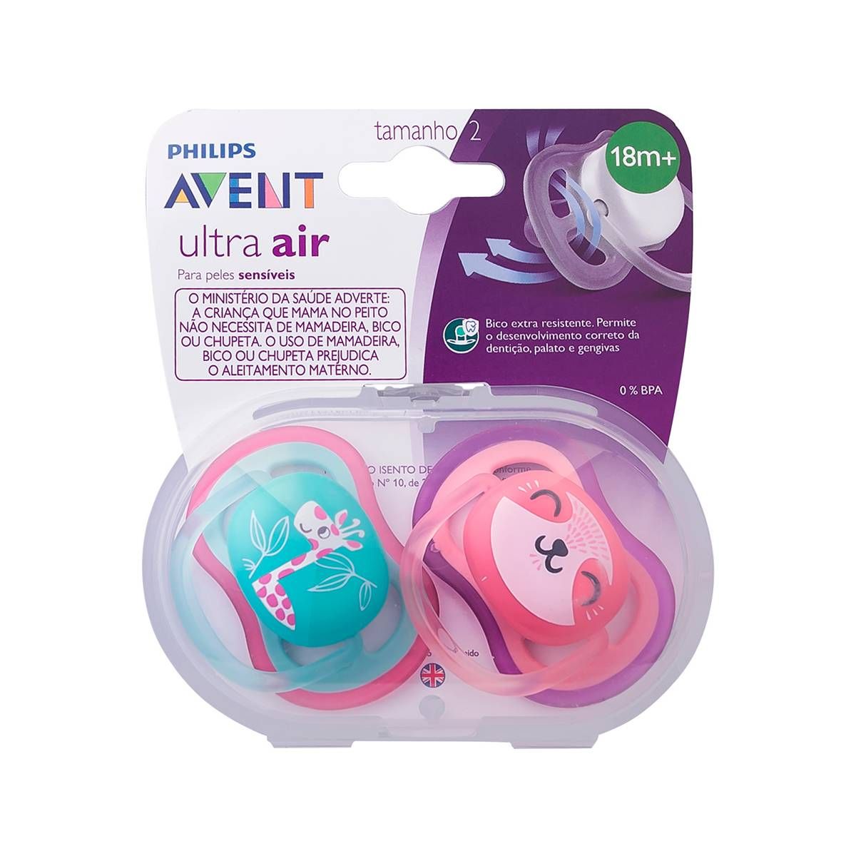 CHUPETAS AVENT SILICONE MENINA 18 MESES+ KIT 2UN + ESTOJO