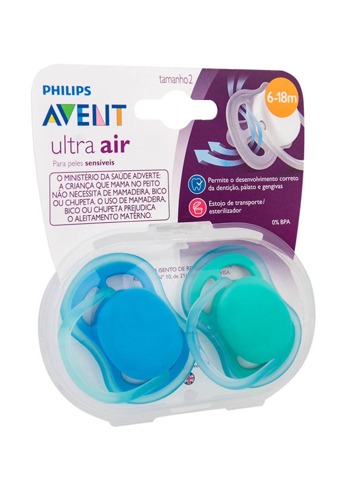 KIT 2 CHUPETAS AVENT ULTRA AIR 0% BPA + ESTOJO - 6-18 MESES - AZUL - PHILIPS AVENT