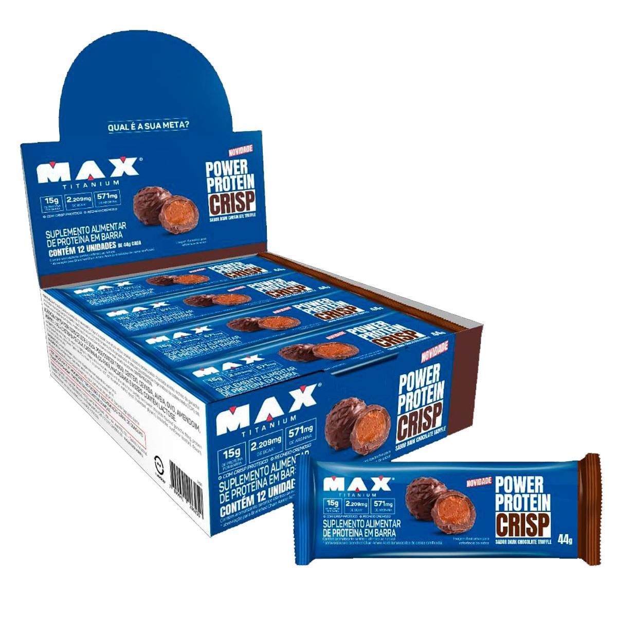 POWER PROTEIN CRISP BARRA DE PROTEINA CAIXA 12 UN DE 44G DARK CHOCOLATE TRUFFLE MAX TITANIUM