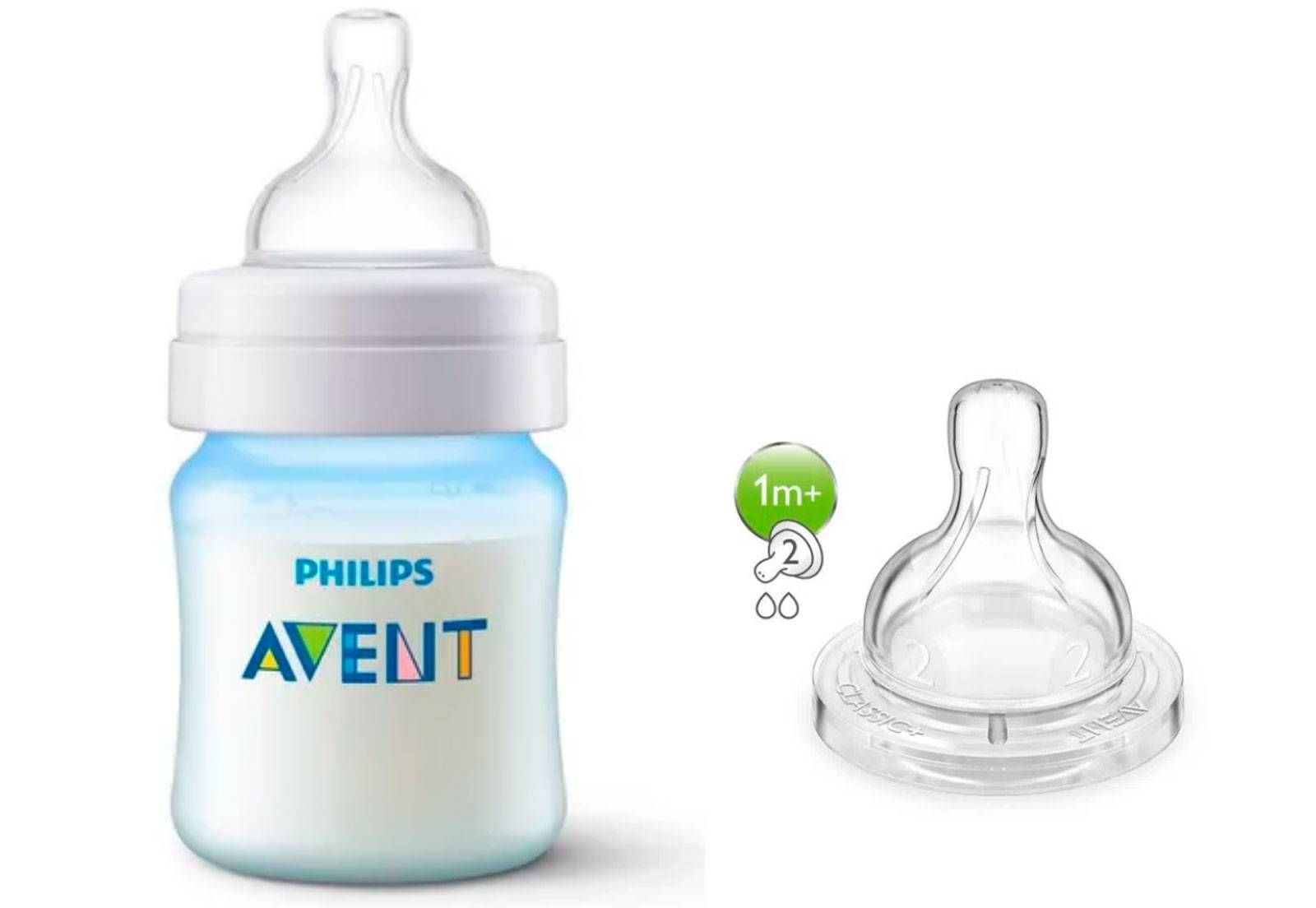 KIT 1 MAMADEIRA CLASSICA ANTICOLICA 125ml AZUL + 1 BICO Nº 2 - PHILIPS AVENT