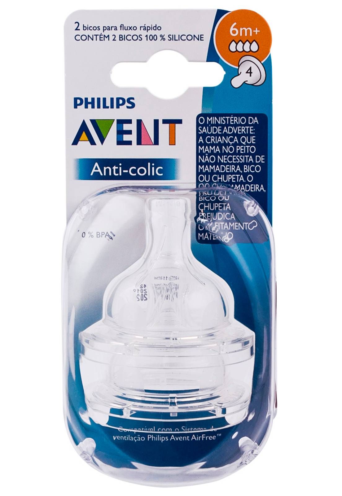 BICO MAMADEIRA AVENT CLASSIC ANTI-COLIC Nº 4 - 6m + - 2 UNID. EM SILICONE 0% BPA - PHILIPS AVENT