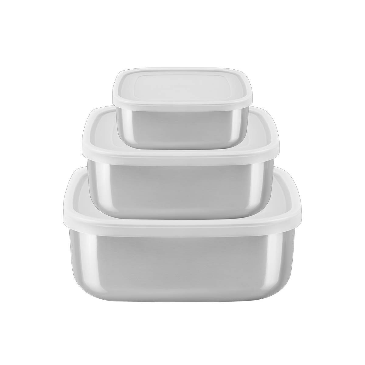 JOGO DE POTES TRAMONTINA FREEZINOX QUADRADOS EM AÇO INOX COM TAMPA PLÁSTICA 3 PEÇAS