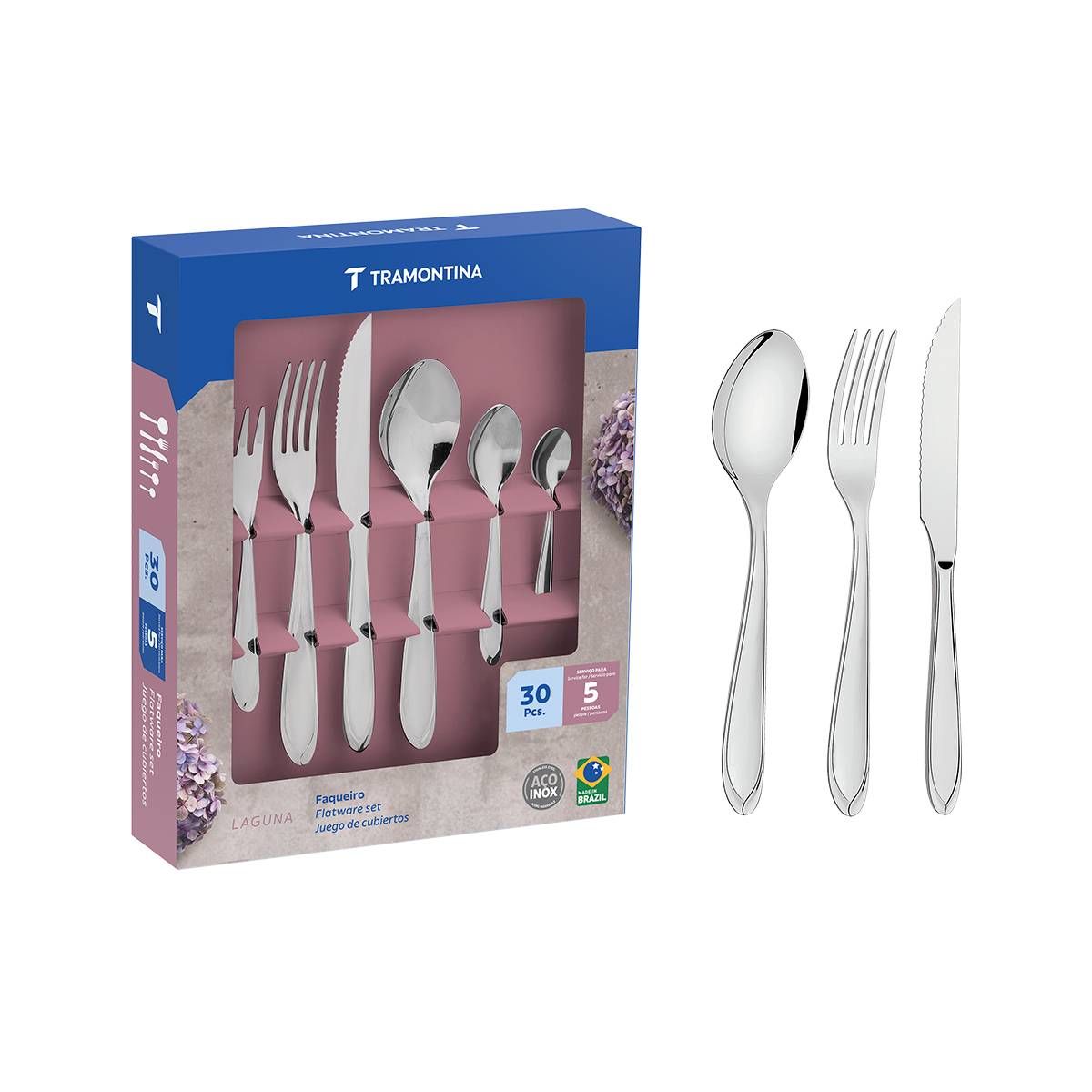 FAQUEIRO TRAMONTINA LAGUNA COM FACAS PARA CHURRASCO EM AÇO INOX 30 PEÇAS