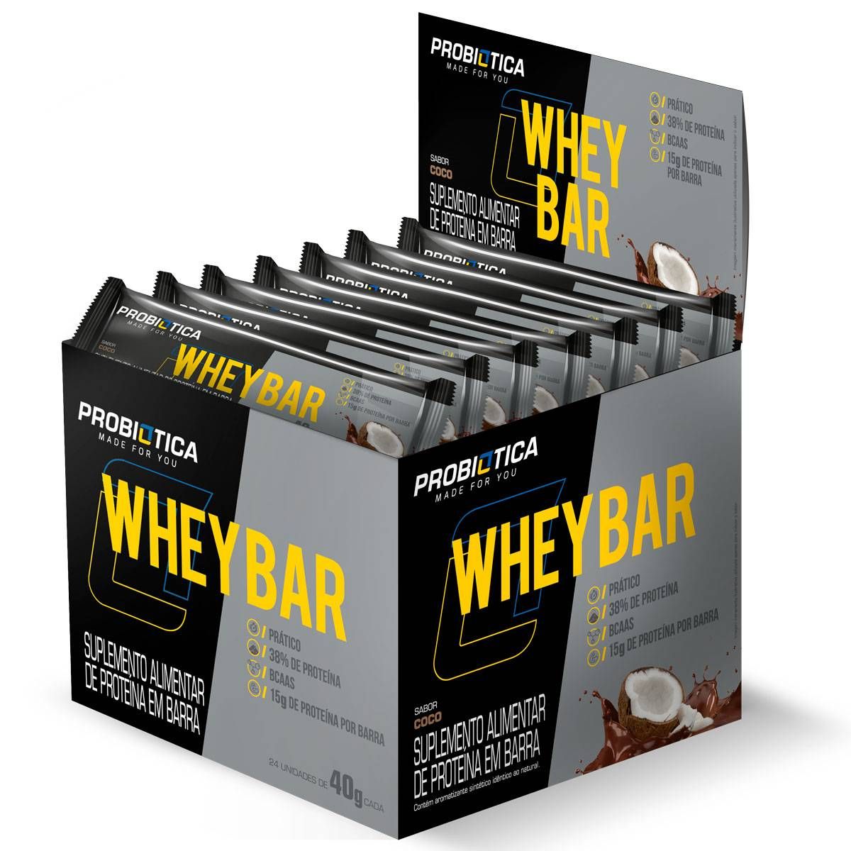 WHEY BAR BARRA PROTEINA 40G CAIXA 24 UN COCO PROBIOTICA