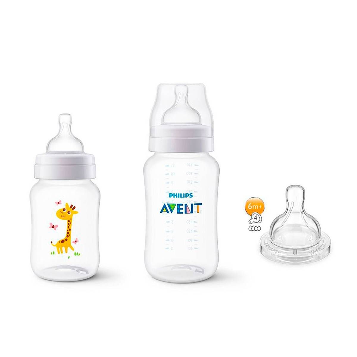 KIT 2 MAMADEIRAS CLÁSSICA ANTICÓLICA 260/330ml GIRAFA+1 BICO Nº4-PHILIPS AVENT