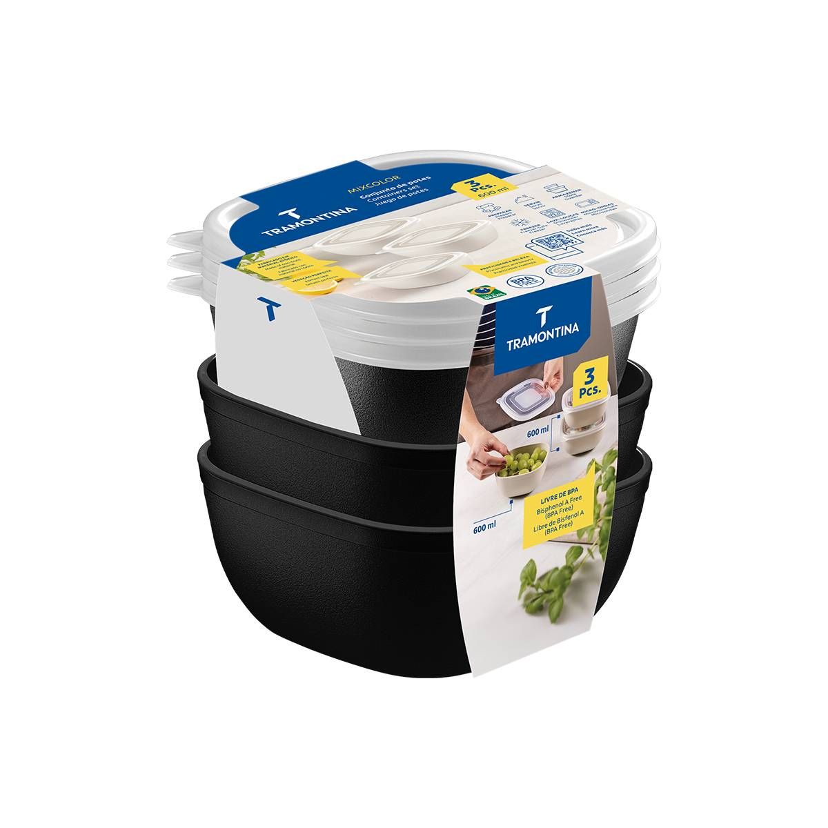 JOGO DE POTES TRAMONTINA MIXCOLOR EM POLIPROPILENO PRETO COM TAMPA TRANSPARENTE 600ML 3 PEÇAS
