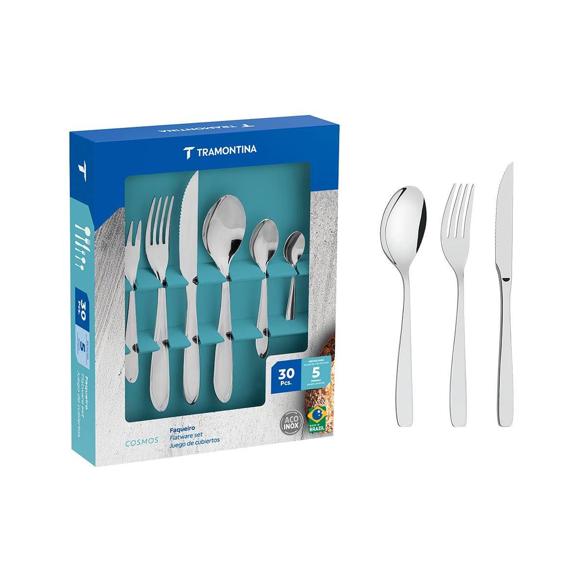 FAQUEIRO TRAMONTINA COSMOS EM AÇO INOX COM FACAS PARA CHURRASCO COM ACABAMENTO BRILHO E FOSCO 30 PEÇAS