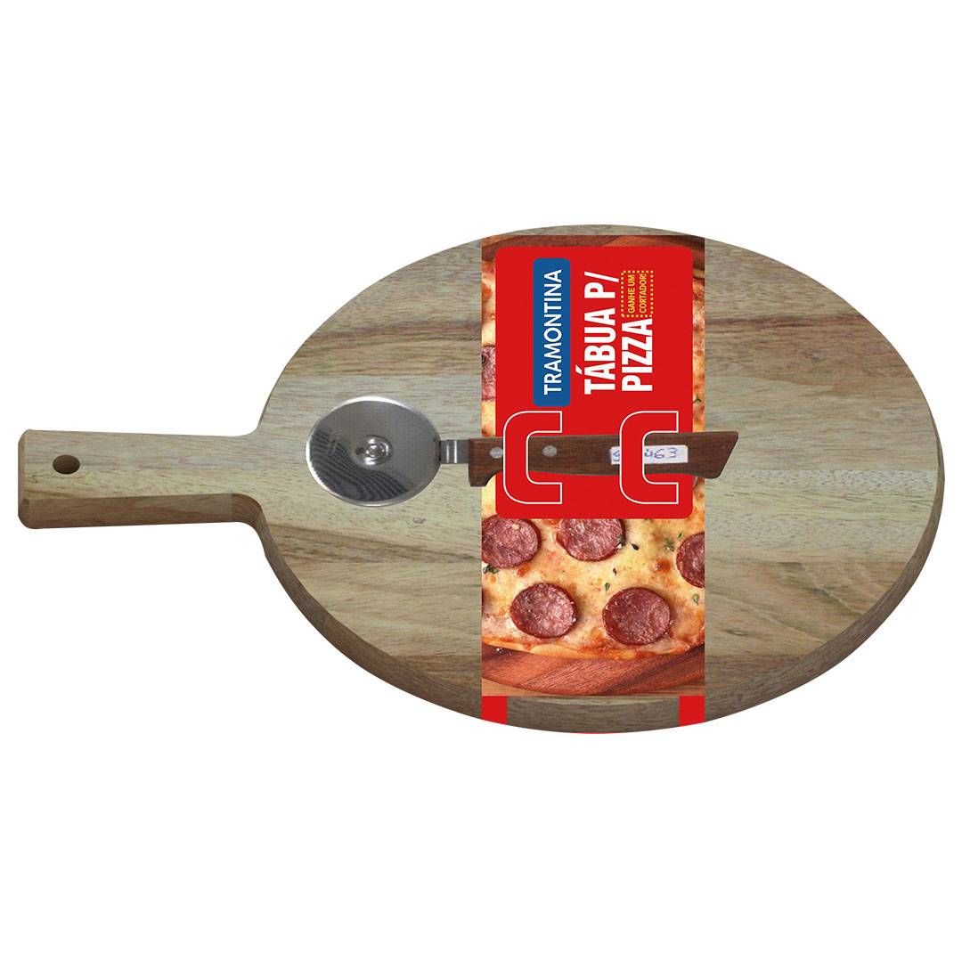 TÁBUA REDONDA DE PIZZA EM MADEIRA COM CABO 40X30CM E CORTADOR TRAMONTINA