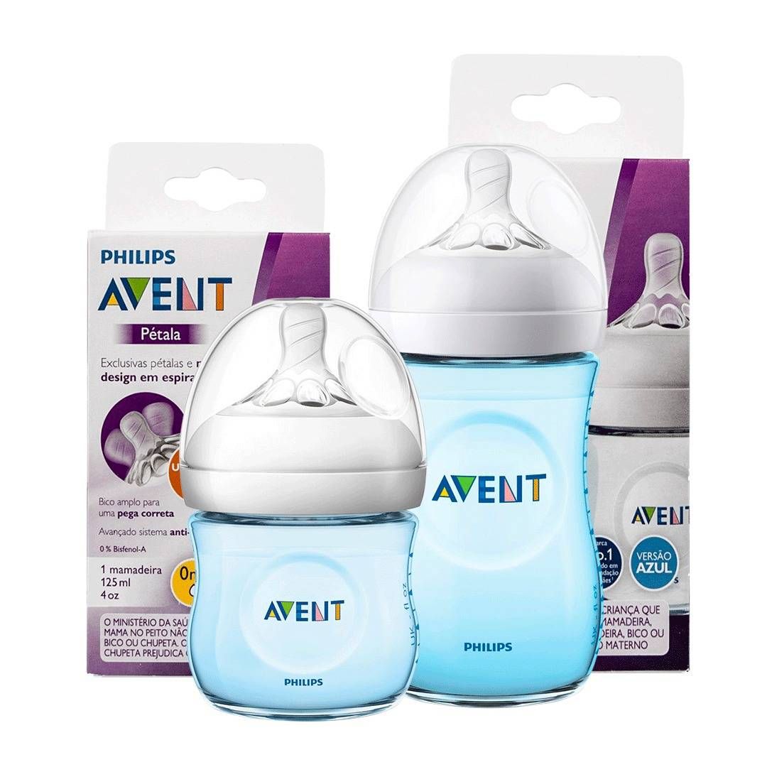 KIT 2 MAMADEIRAS AVENT PÉTALA ANTI-CÓLICA 125ml e 260ml - 0% BPA -AZUL- PHILIPS AVENT
