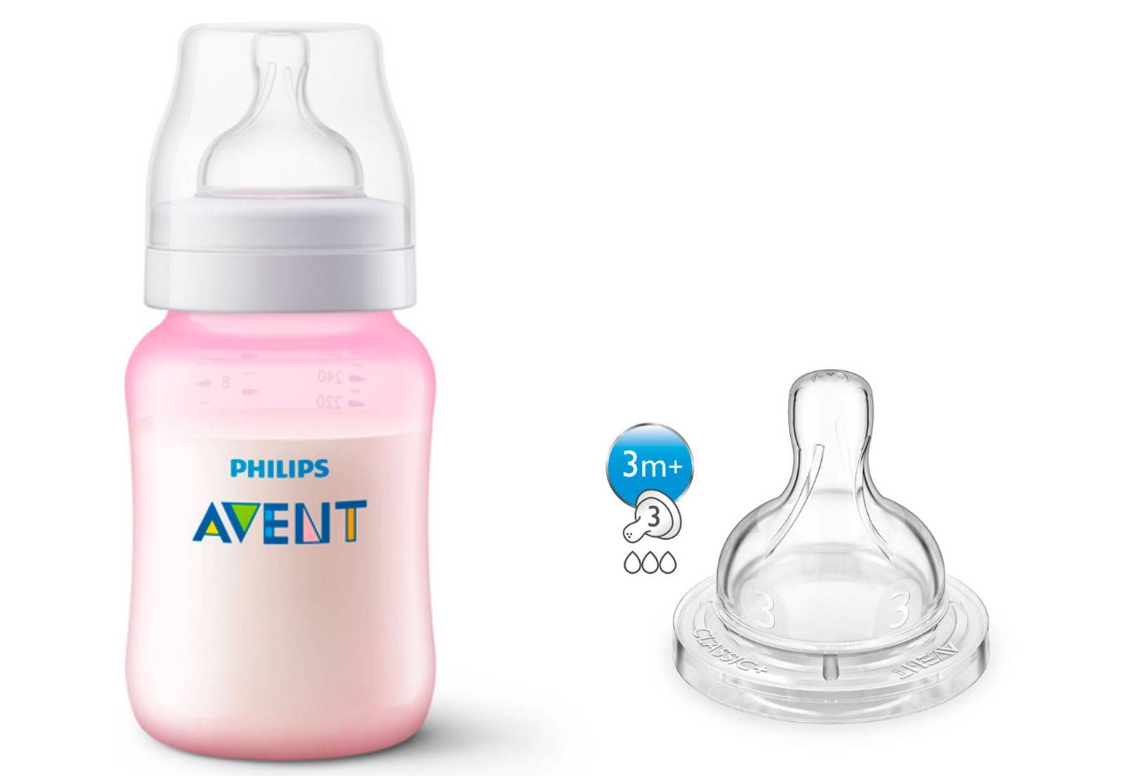 KIT 1 MAMADEIRA CLASSICA ANTICOLICA 260ml ROSA + 1 BICO Nº 3 - PHILIPS AVENT