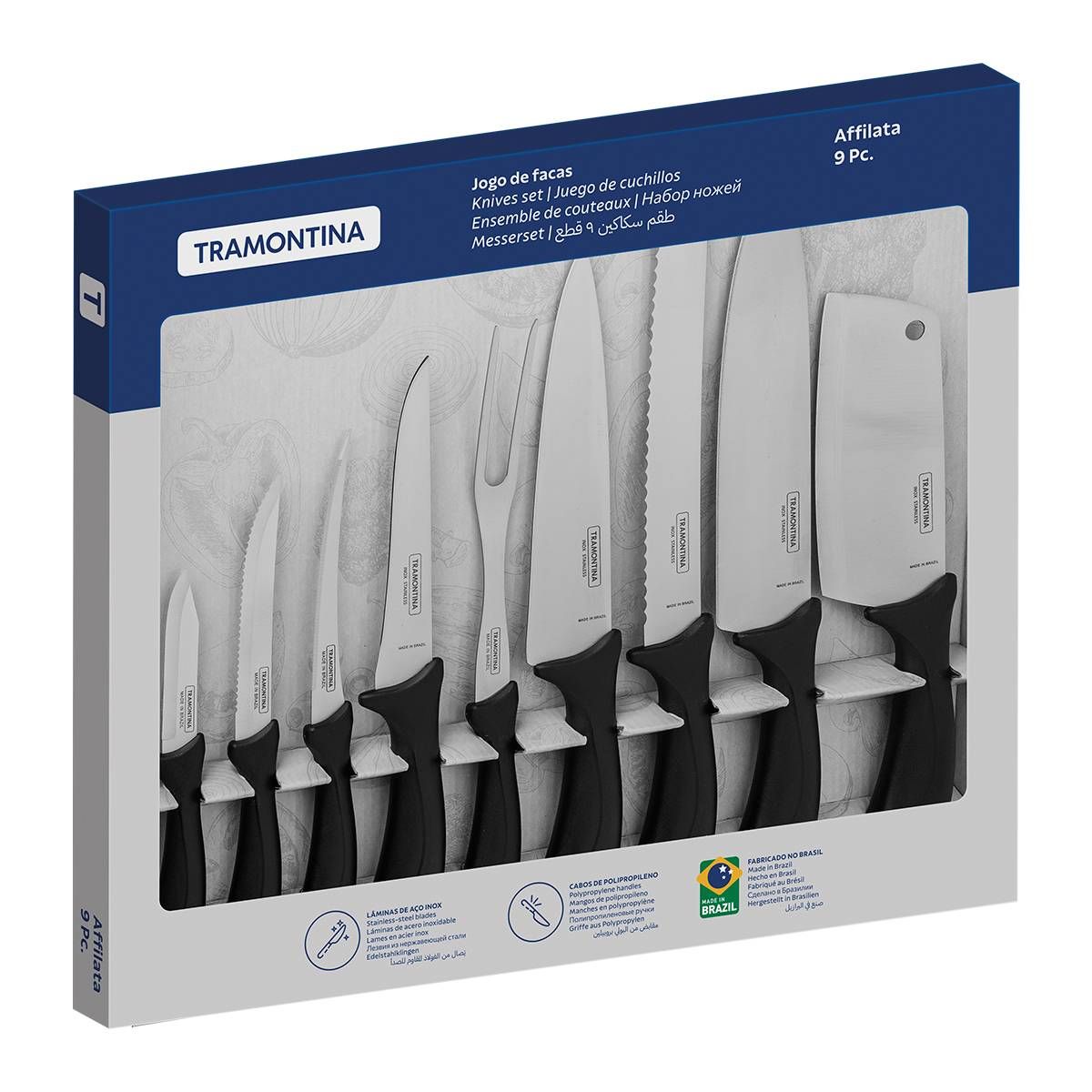 JOGO DE FACAS TRAMONTINA AFFILATA COM LÂMINA EM AÇO INOX E CABO DE POLIPROPILENO PRETO 9 PEÇAS