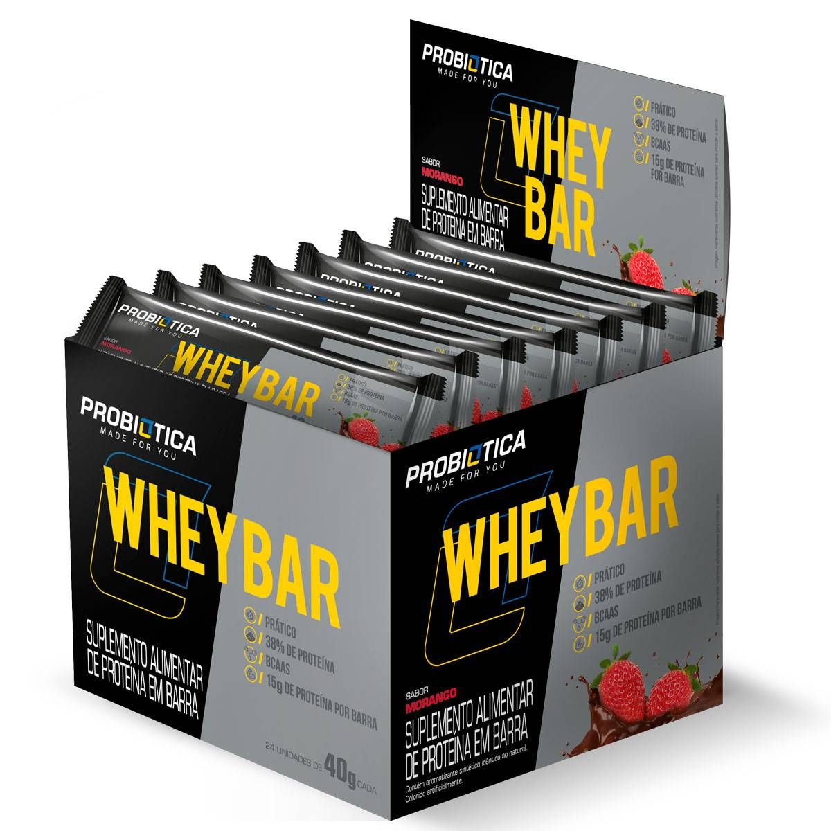 WHEY BAR BARRA PROTEINA 40G CAIXA 24 UN MORANGO PROBIOTICA