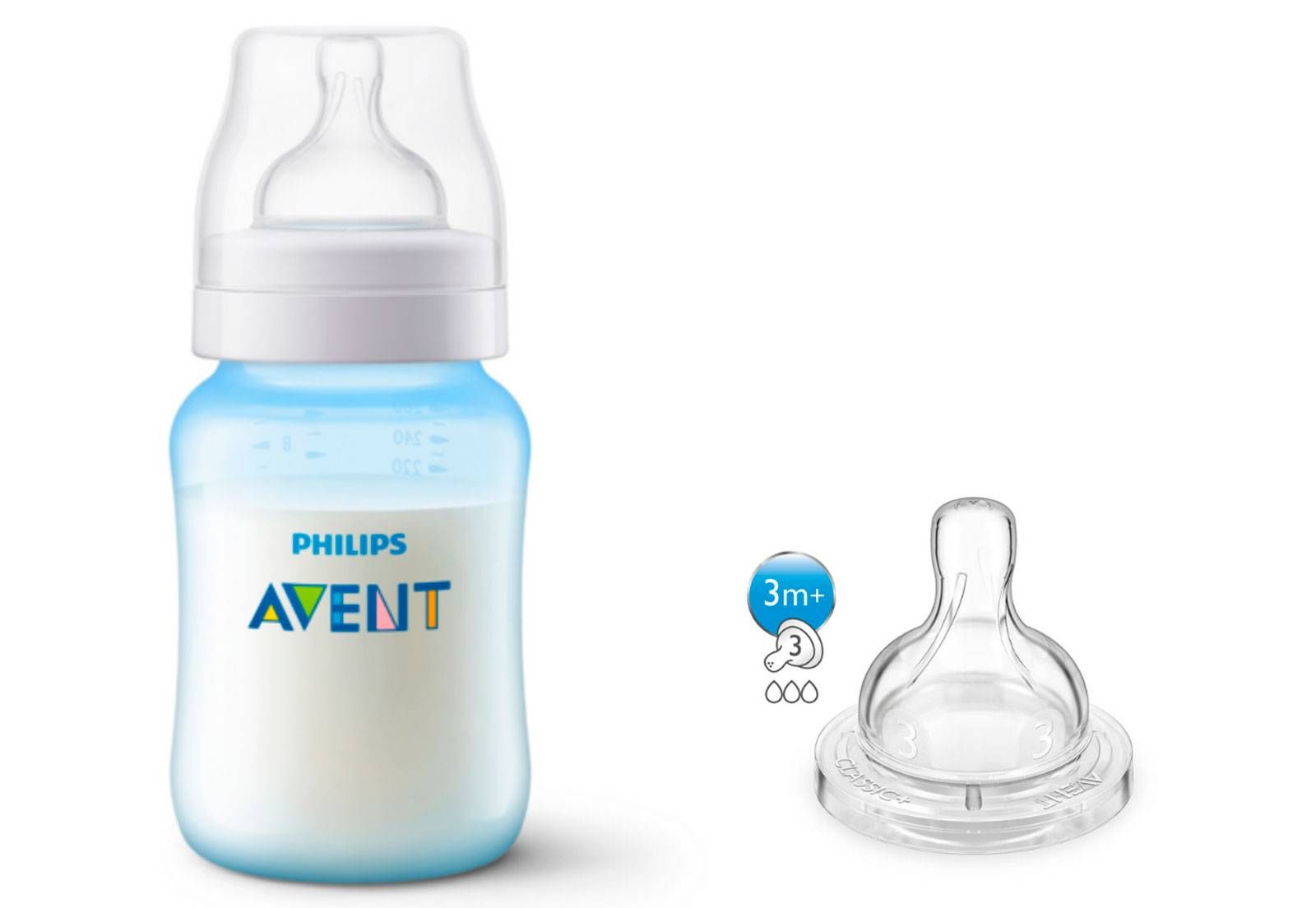 KIT 1 MAMADEIRA CLASSICA ANTICOLICA 260ml AZUL + 1 BICO Nº 3 - PHILIPS AVENT