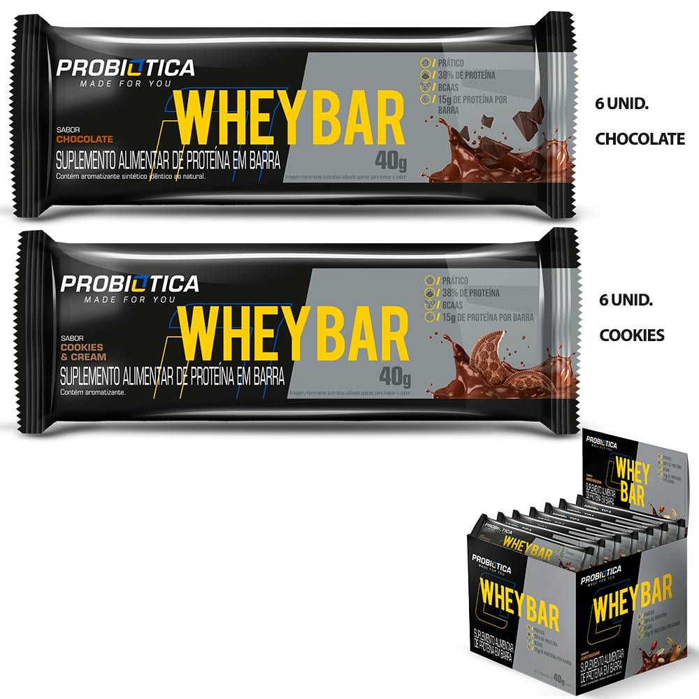 BARRA PROTEINA WHEY BAR 12UN 40G SABORES SORTIDOS PROBIOTICA SABOR:SORTIDOS 6 COOKIES E 6 AMENDOIM