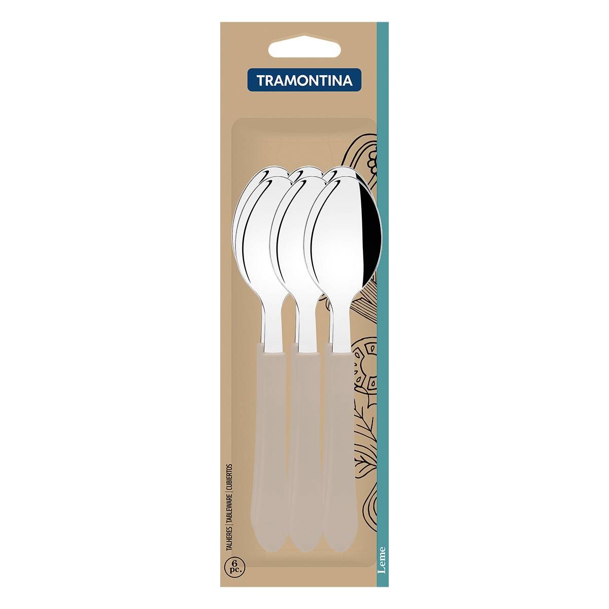 CONJUNTO DE COLHERES DE MESA TRAMONTINA LEME COM LÂMINAS EM AÇO INOX E CABOS DE POLIPROPILENO CINZA 6 PÇS