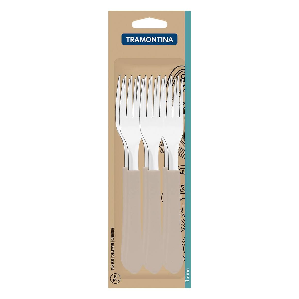 CONJUNTO DE GARFOS DE MESA TRAMONTINA LEME COM LÂMINAS EM AÇO INOX E CABOS DE POLIPROPILENO CINZA 6 PÇS