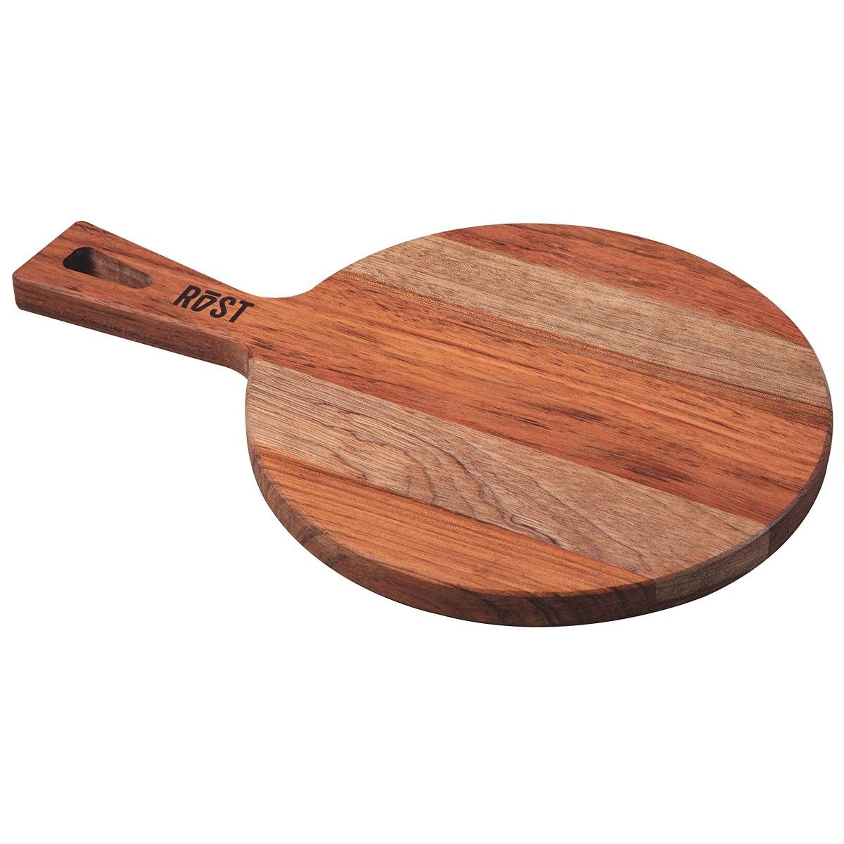 FSC TÁBUA ROST REDONDA PARA SERVIR EM MADEIRA JATOBÁ MESCLADA COM CABO E ACABAMENTO ÓLEO 34X23 CM