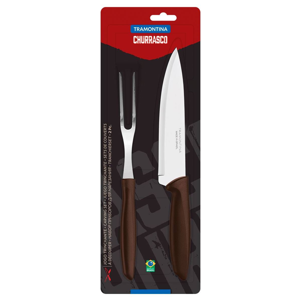 JOGO TRINCHANTE TRAMONTINA PLENUS COM LÂMINAS EM AÇO INOX E CABOS DE POLIPROPILENO MARROM 2 PÇS