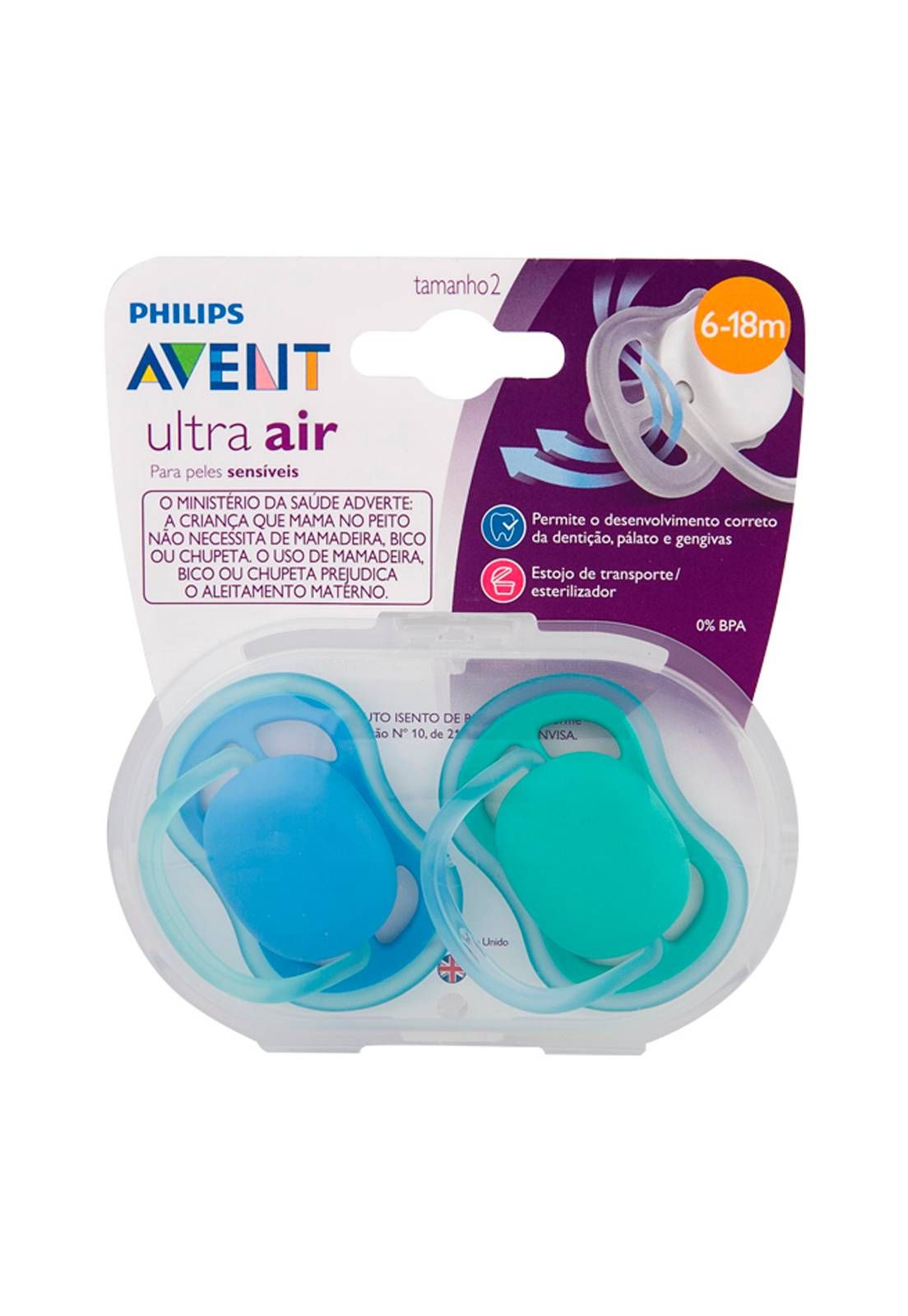 KIT 2 CHUPETAS AVENT ULTRA AIR 0% BPA + ESTOJO - 0-6 MESES - AZUL - PHILIPS AVENT
