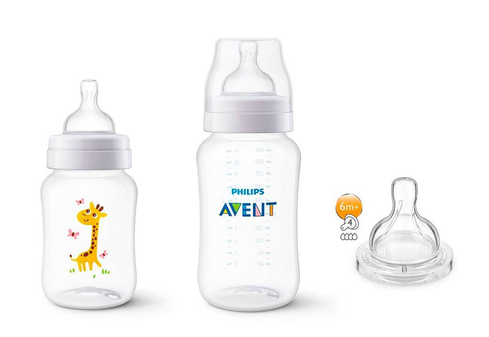KIT 2 MAMADEIRAS CLÁSSICA ANTICÓLICA 260\/330ml GIRAFA+1 BICO Nº4-PHILIPS AVENT