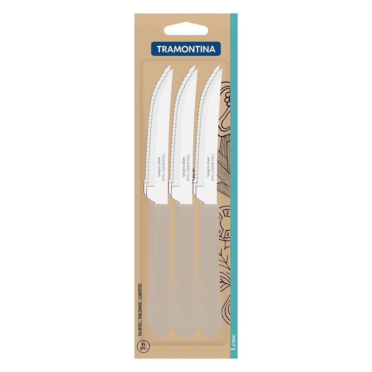 CONJUNTO DE FACAS PARA CHURRASCO TRAMONTINA LEME COM LÂMINAS EM AÇO INOX E CABOS DE POLIPROPILENO CINZA 6 PÇS