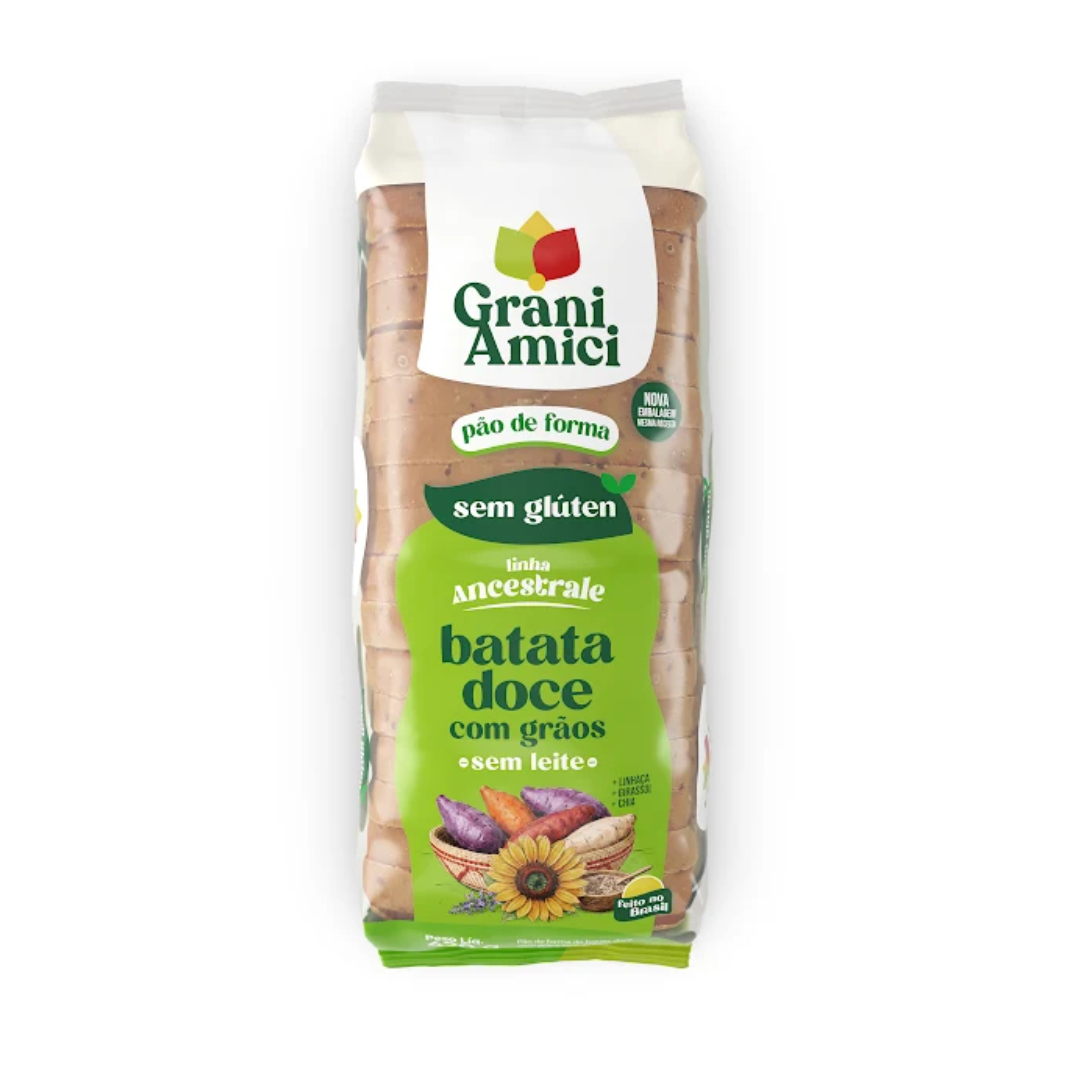 Pão de Forma Batata Doce com Grãos Sem Glúten, Sem Lactose, Sem Leite, 420g - Box Personalizável